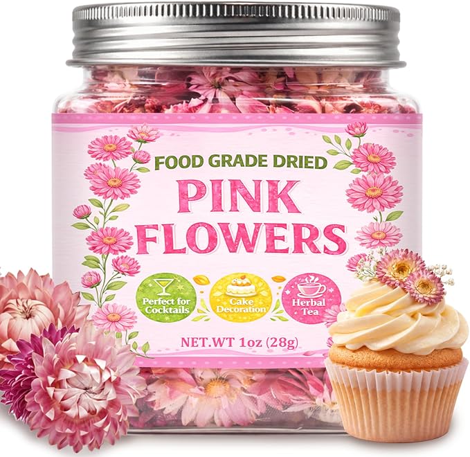 50+ Edible Dried Flowers for Cake Decorations - Food Grade Dried Pink Strawflower Blooms for Cocktail Garnish & Cupcakes, Drink Toppers, DIY Crafts by Andekas