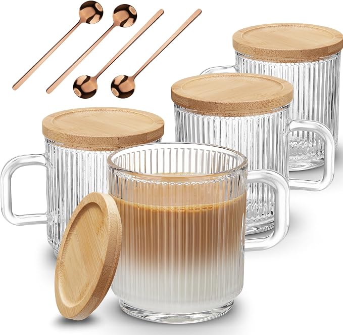 Mfacoy 4 PACK Glass Coffee Mugs with Handle & Spoon, 12 OZ Glass Coffee Cups with Bamboo Lid, Ribbed Glass Cups, Clear Tea Cup for Hot/Cold Beverages, Glassware Set for Americano, Latte, Cappuccino by Mfacoyisalifestylebrand