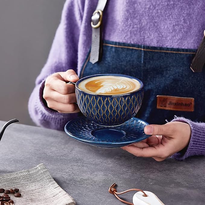 Coffeezone Vintage Design 12 oz Ceramic Latte Art Cappuccino Barista Cup with Saucer (Embossed Blue) - Image 3