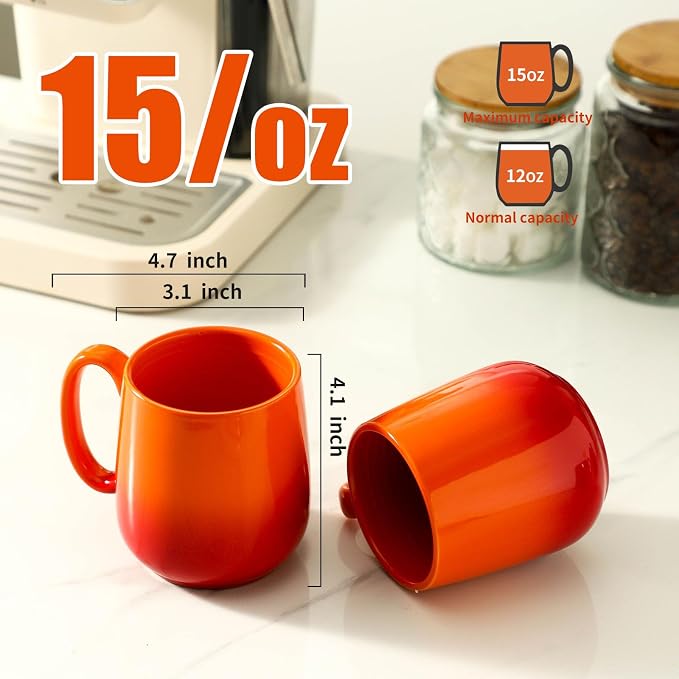 HASENSE Set of 4 Ombre Coffee Mugs, 15oz Large Ceramic Cups – Dishwasher & Microwave Safe, Orange Gradient Cappuccino Latte Tea Handle Cup, Housewarming Gift - Image 2