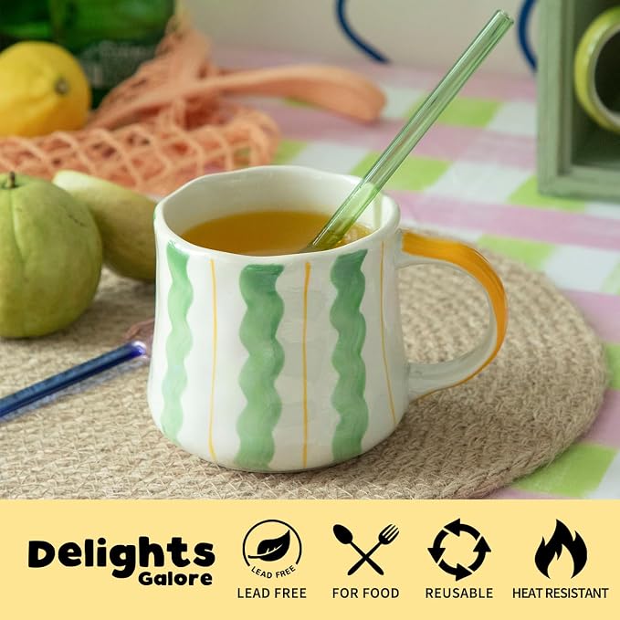 Striped Ceramic Coffee Mug Set of 2 (16oz) - Handmade Look Tea Cups with Yellow/Green Handles, Microwave Safe, Durable Daily Drinkware - Image 2