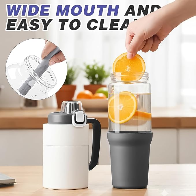 32 oz Glass Tumbler with Handle, 2-in-1 Straw and Sip Spout, Leakproof, BPA-Free Glass Water Bottle for Sports, Office, School, Grey