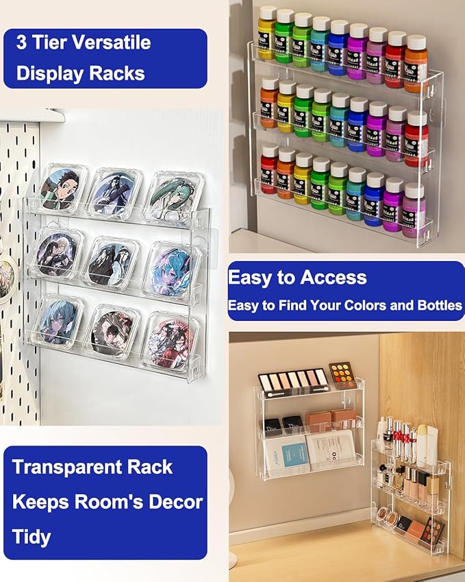 3 Tier Display Rack, Clear Paint Rack Wall-Mount (No Drill), Acrylic Craft Paint Storage Organizer, Miniature Holder for 2oz Bottle, Nail Polish Organizer, Badges, Mini Figures (1)