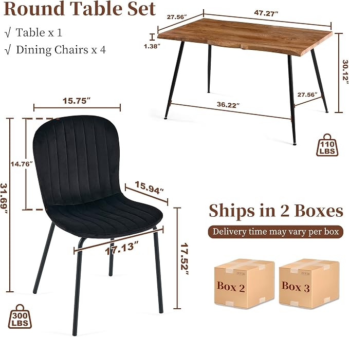 Rectangle Dining Table Set for 4 with Black Velvet Chairs | 5-Piece Mid-Century Modern Set, Irregular MDF Table, Wood Grain, Space-Saving for Small Spaces, Dining Rooms, Easy Assembly - Image 3