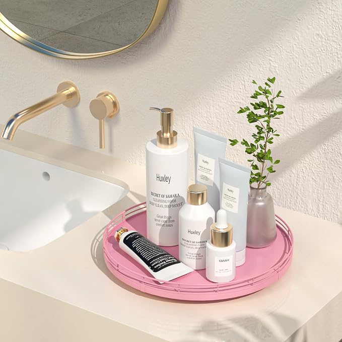 Oroyutor 12-Inch Oak Lazy Susan Vanity Tray, Pink Finish | Rotating oak tray organizes spices, toiletries and decor on kitchen counters, bathroom vanities, dining and coffee tables. - Image 2