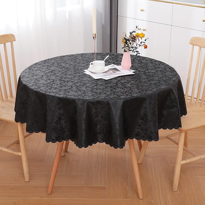 Smiry Round Waterproof Heavy Duty Vinyl Tablecloths, 60 x 60 Inch | Wipeable Washable Floral Embossed Table Cover for Kitchen and Dining Room, Indoor & Outdoor Use, Black - Image 7