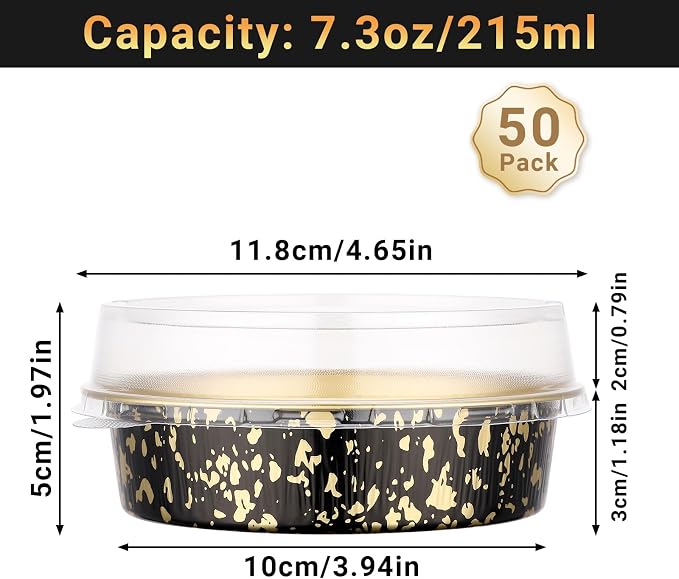 Beasea 4 Inch Pie Tins with Lids, 50 Pack 7.3 Oz Disposable Mini Tart Tins, Aluminum Foil Baking Tins Small Round Muffin Container Mini Cheesecake Cups for Pie Tart Quiche - Black Gold Speckles - Image 2