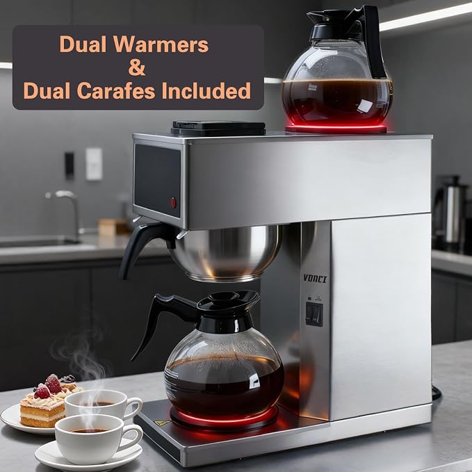 VONCI 1610W Commercial Coffee Maker, 12 Cup Drip Coffee Machine, 2 Glass Carafes and 2 Warmers, Stainless Steel Housing & Funnel, Industrial Coffee Maker for Offices, Hotels, Home - Image 3