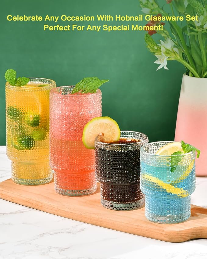 ISMASOAN Hobnail Drinking Glasses Set of 12, Stackable Glasses 12 oz & 7 oz | Beaded Drinking Glasses with vintage bubble texture. Gift-ready highball cups for water, juice, cocktails and everyday drinks - Image 6