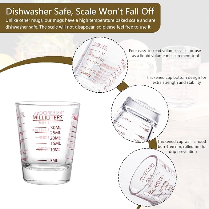 GLASKEY 2 Pack Shot Glasses Measuring Cup,Espresso Shot Glass with 4 Kind of Scale (OZ/ML/TSP/TBSP),Dishwasher Safe,Perfect for Coffee,Cocktails and Kitchen Use (Red)