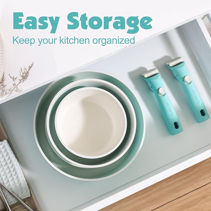 SENSARTE 24 Piece Ceramic Detachable Handle Pots and Pans Set Turquoise | Ceramic Cookware Set, Induction Cookware Set with Removable Handle, Healthy Non Stick for RV, Dishwasher ＆ Oven Safe - Image 3