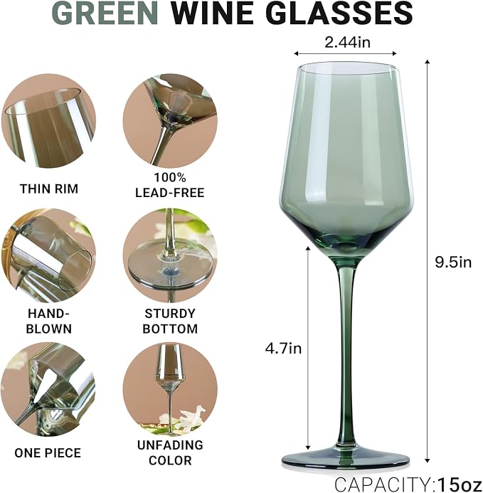 comfit Green Wine Glasses Set of 6-15 oz Hand-blown Crystal Long Stem Wine Glasses - Green Glassware, Mother's Day, Wedding, Birthday Gifts - Image 3