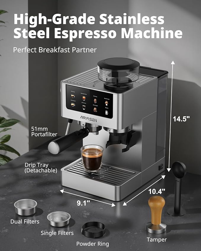AIRMSEN Espresso Machines with Burr Grinder, 20 Bar, Milk Frother Steam Wand, Stainless Steel Coffee Maker for Home - Cappuccino Latte & ​​Cold Brew​​ Iced Coffee Maker & Americano - Image 6