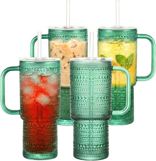 20 oz Green Glass Tumbler with Lid and Straw, Glass Iced Coffee Cups, Spill-proof Glasses Tumbler with Handle, Glasses Drinking Set of 4, Vintage Glassware for Cocktail, Smoothies by Unknown