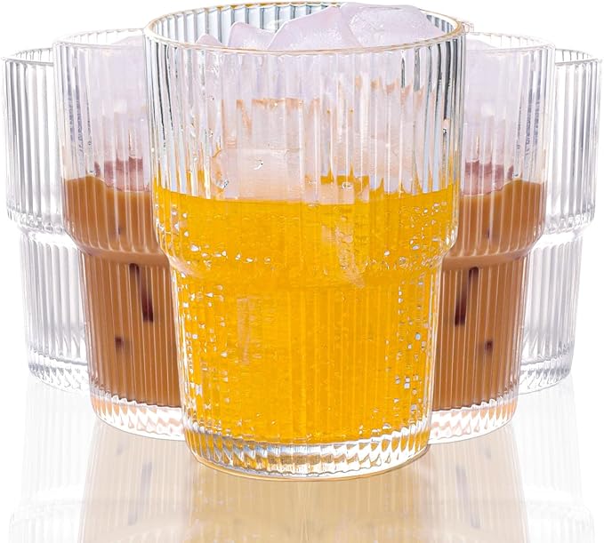 Set of 6 Cute Ribbed Glassware,14oz Vintage Clear Glass Tumbler, Origami Style, Fluted Design, Ideal for Water, Iced Coffee, Juice, Milk Tea, Latte, Housewarming Gift by WeirdUncle