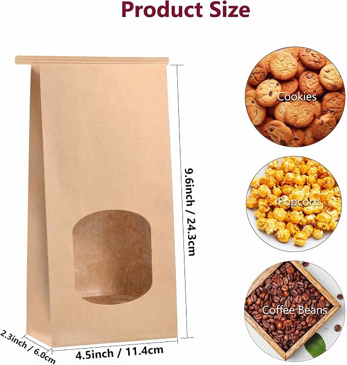 Brown Paper Bakery Bags with Window for Cookies, 4.5x2.36x9.6 inches, 40 Pack with Tin Tie Tab Lock, Brown Paper Bags for Cookie Coffee Bread Bakery Packing - Image 2