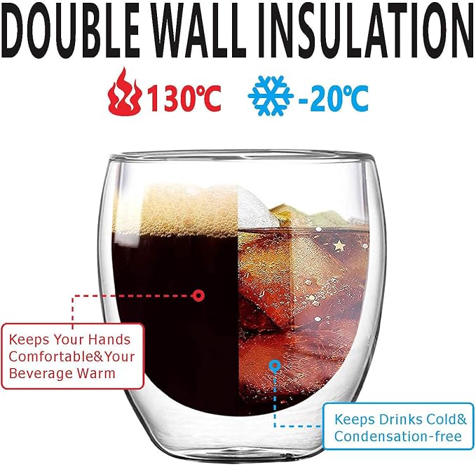 5.5oz Glass Coffee Mugs Set of 2, Double Walled Espresso Cups for Latte Cappuccino Cocoa Milk Cafe Juice, Clear Glass Tea Cup Set Glassware Gift for Christmas Birthday - Image 2