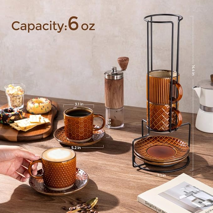 GBhome 6 OZ Stackable Coffee Mugs Set of 4, Ceramic Espresso Coffee Cups | Coffe Cups With Saucer and Stand, Dishwasher&Microwave Safe, 4 Assorted Designs - Image 2