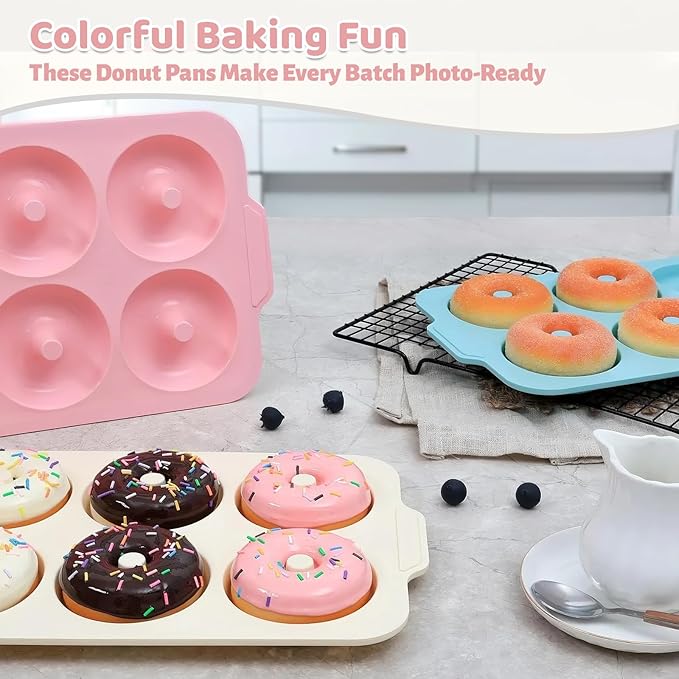3.5 Inch Nonstick Silicone Donut Pan for Baking with Metal Frame, 1 Pack Donut Molds for Baking, 6 Cavity Doughnut Pan for Oven and Bagel Trays Non Toxic with Handle (Pink)