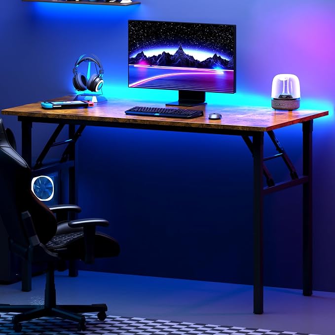 DlandHome 39.4 Inch Small Folding Computer Desk for Home Office, Retro | Foldable Writing Table for Small Spaces Bedroom, No Assembly Required, Wood Top Metal Frame, Collapsible Compact Easy Storage - Image 7