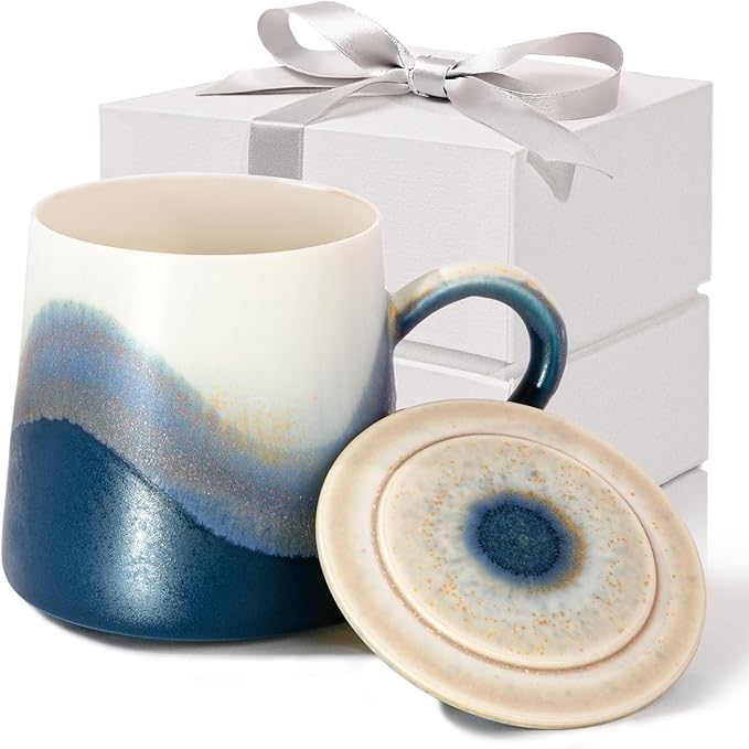 Handmade Ceramic Coffee Mugs, 11.2 OZ Colored Glaze Coffee Cups with Lids, Thanksgiving Gift, Birthday Gift Women, Mom, Dad, Friend, Sister, Brother, Dishwasher and Microwave Cups