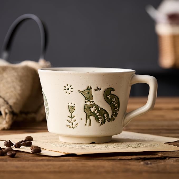 12 oz Vintage Ceramic Coffee Mug Set of 4 - Handmade Stoneware Pottery Countryside Farmhouse Fall Autumn Tea Mugs with Big Handle for Latte,Cocoa,Dishwasher & Microwave Safe Cups (Animals) - Image 4