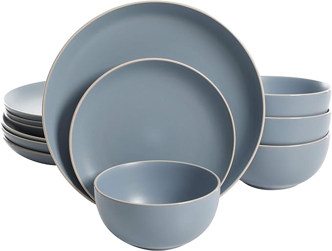 Gibson Home Rockaway 12-Piece Round Stoneware Dinnerware Set, Service for 4 – Blue Plates and Bowls, Microwave & Dishwasher Safe by GibsonHomewares