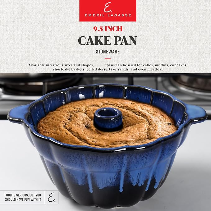Emeril Lagasse Fluted Cake Pan Stoneware 9.5 in – Pound Cake Baking Pan, Perfect for Baking Delicious Cakes! (Dark Blue) - Image 4