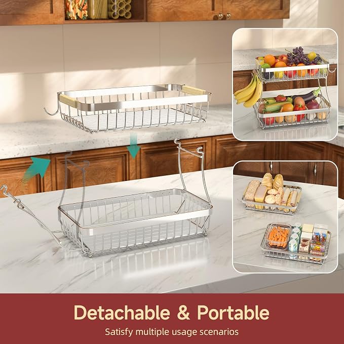 2-Tier Fruit Basket with Banana Hangers, Detachable Metal Bowl | Wooden handle, protective mats included. Versatile holder for bread, snacks, and veggies. Large 2 tier metal design. - Image 3