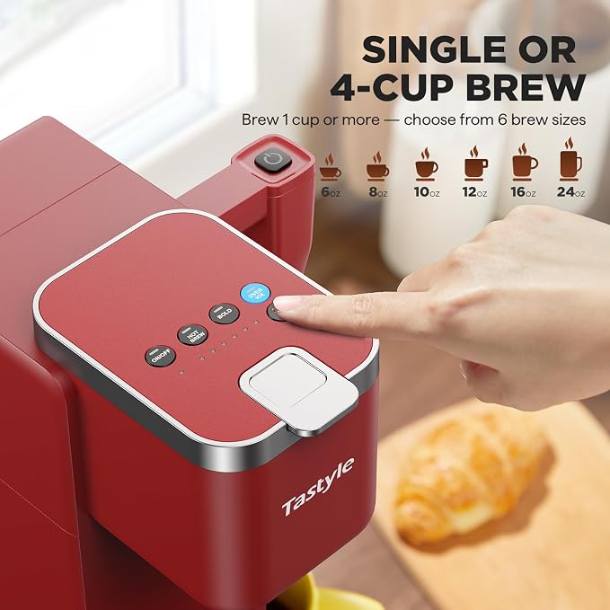 Tastyle Single Serve Coffee Maker with Built-in Detachable Milk Frother | For K Cups & Grounds, 40oz Removable Water Tank, 6 Brew Sizes, 2 Drip Trays, BPA Free, Fits 7.3" Travel Mug, K330MF, Red - Image 5