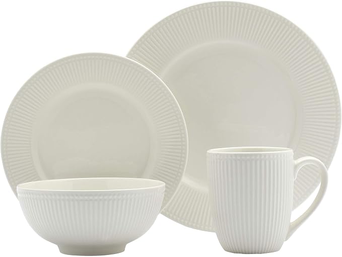 Tabletops Gallery Embossed Bone White Porcelain Round Dinnerware Collection- Chip Resistant Scratch Resistant, Fleur 16 Piece Dinnerware Set (Dinner Plate, Salad Plate, Cereal Bowl, Mug) by TabletopsGallery