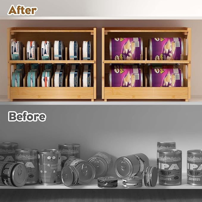 Stackable Bamboo Cat Food Can Organizer, Cat Canned Food Organizer Storage | 2-Tier Adjustable Stacking Can Dispensers, First-In & First-Out System, Holds Up to 36 Cans - for Pantry, Cabinet, Countertop - Image 8