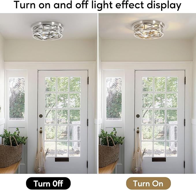 Brushed Nickel Cage Ceiling Light Fixtures,13 Inch Indoor Close to Ceiling Lights, 3-Light Round Vintage Metal Flush Mount Ceiling Lights for Bedroom, Living Room, Porch Kitchen - Image 3