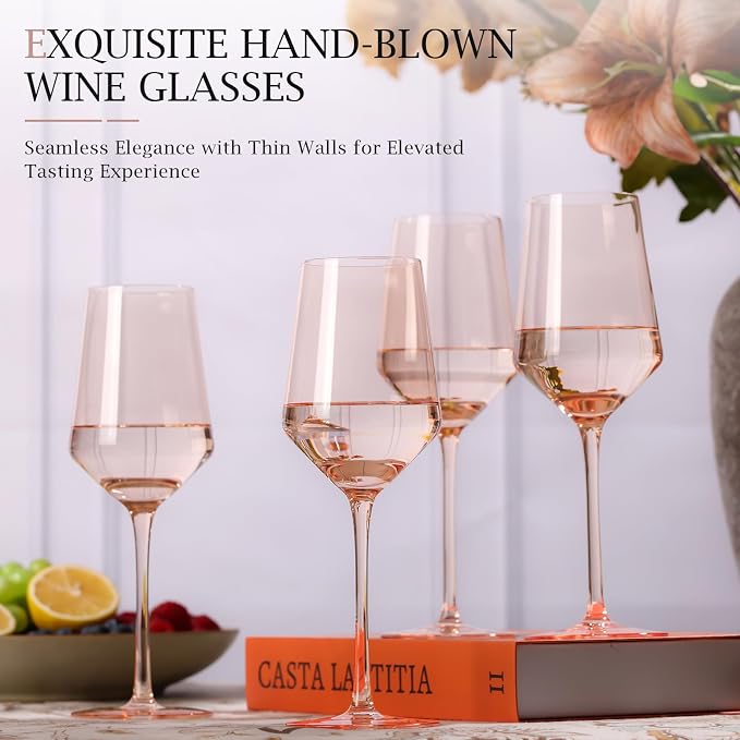 comfit Blush Pink Wine Glasses Set of 6-15 oz, Unfading Color, Hand-blown Wine Glasses, Pink Drinking Glassed - Pink Wedding Engagement Housewarming Gifts for Women Wine Lovers - Image 4