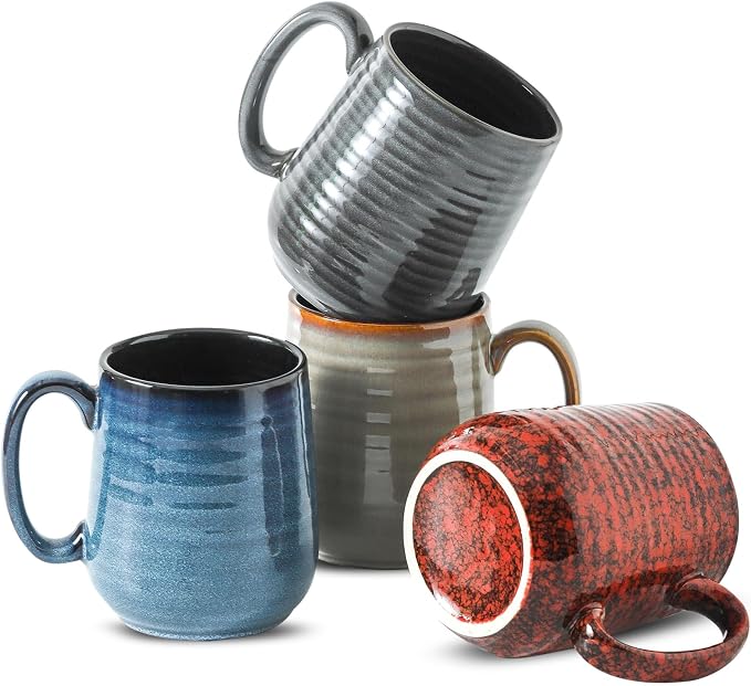 HASENSE Coffee Mugs Set of 4, 15 Oz Stoneware Coffee Cups with Large Handle, Colorful Rustic Mug Set for Coffee, Tea, Coco, Latte, Dishwasher and Microwave Safe by Hasense