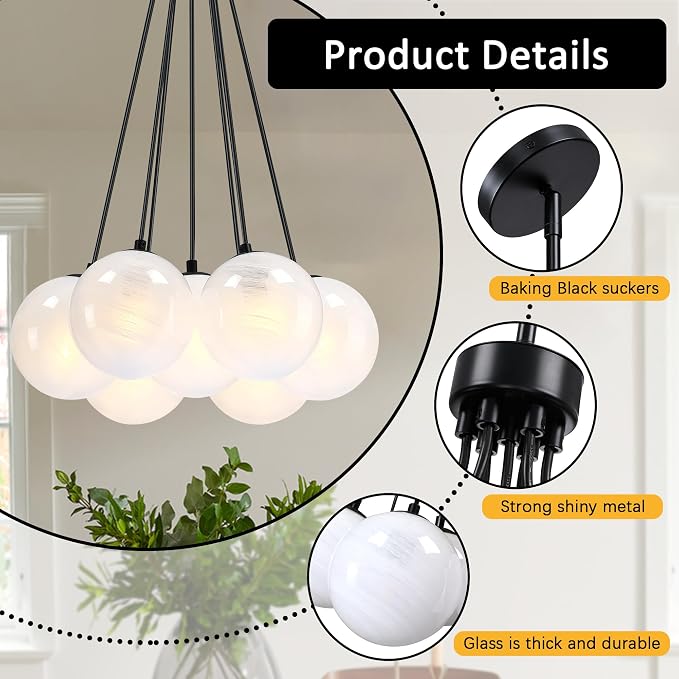 Modern Globe Black Chandelier Milky Glass Shade Sputnik Ceiling Light Fixture, Mid Century Bubble Dining Room Pendant Light, Hanging Island Light for Kitchen Bedroom Entryway Over Table - Image 5