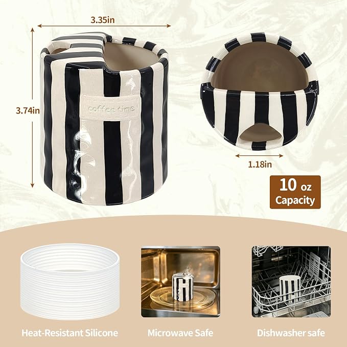 10 oz Ceramic Coffee Mug with Sip Hole & Silicone Sleeve, Black | Cute Hand-Painted Striped Porcelain, Gift for Coffee Lover, Cold & Hot Drinks, Microwave & Dishwasher Safe - Image 5
