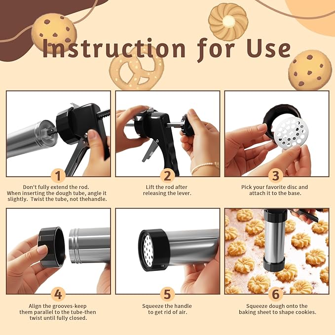 Stainless Steel Cookies Press Set, Churro Maker Machine, Cookie Press Gun Kit with 13 Cookie Discs, 8 Piping Tips and 2 Clean Brushes for DIY Biscuit/Cake Maker and Decorating Baking Supplies