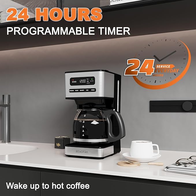 REVOTRA 12 Cup Programmable Coffee Maker, Hot and Iced Drip Coffee Makers | Regular & Strong Brew Drip Coffee Machine, 1-4 Cup, 24H Timer, Auto Shut-Off, Keep Warm, Pause & Serve - Image 5