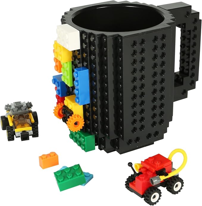 Lumsburry Build-on Brick Coffee Mug, Funny DIY Unique Novelty Drinking Cup | Building Blocks Creative Mug, for Men Women Kids Dad Mom, Present Exchange Ideas, Xmas Birthday White Elephant(Cool Black) by Lumsburry