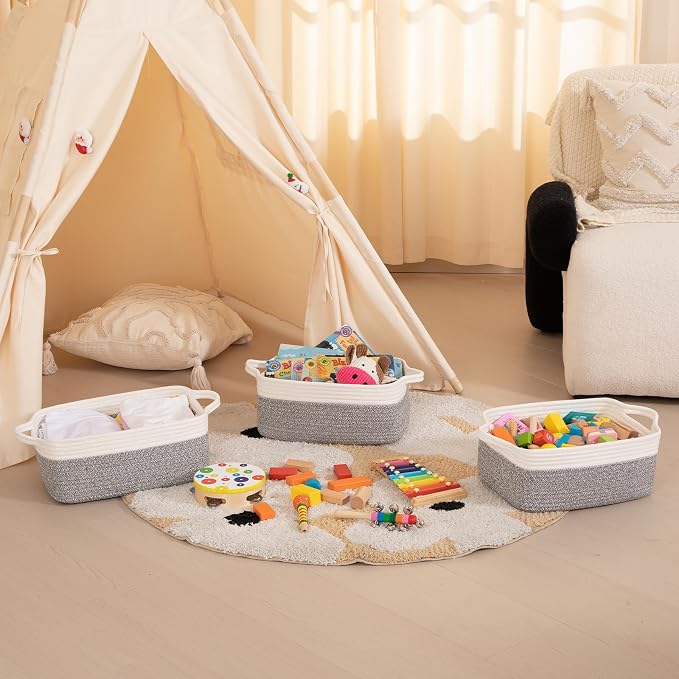 OIAHOMY 3 Pack Storage Baskets for Organizing, Woven Cotton Rope Basket for Shelves, Closet Organizer Bins with Handles, Rectangle Toy Organization, 13.78''×9.84''×5.5'', Grey & White - Image 5