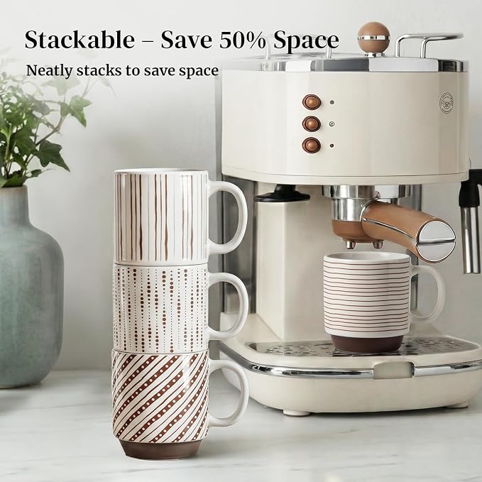 DOWAN Stackable Coffee Mugs, 12 oz Ceramic Coffee Mug Set of 4, Coffee Cups with Chocolate-Colored Geometric Patterns for Latte, Cappuccino, Cocoa, Dishwasher & Microwave Safe, Off White - Image 3
