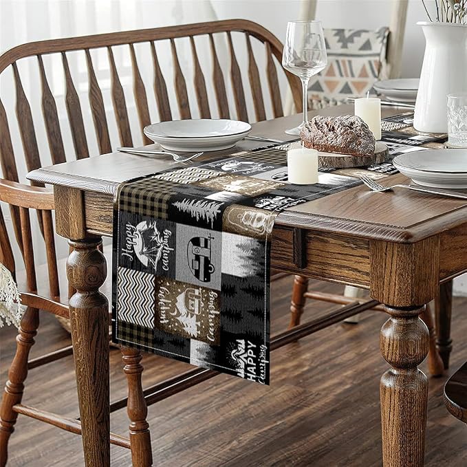 Feelyou Happy Camping Table Runner 108x13 Inch Kids Camper Decorations Indoor Outdoor Party Supply Wood Grain Home Kitchen Dining Decor Botanical Tree Black Brown Home Decor - Image 4