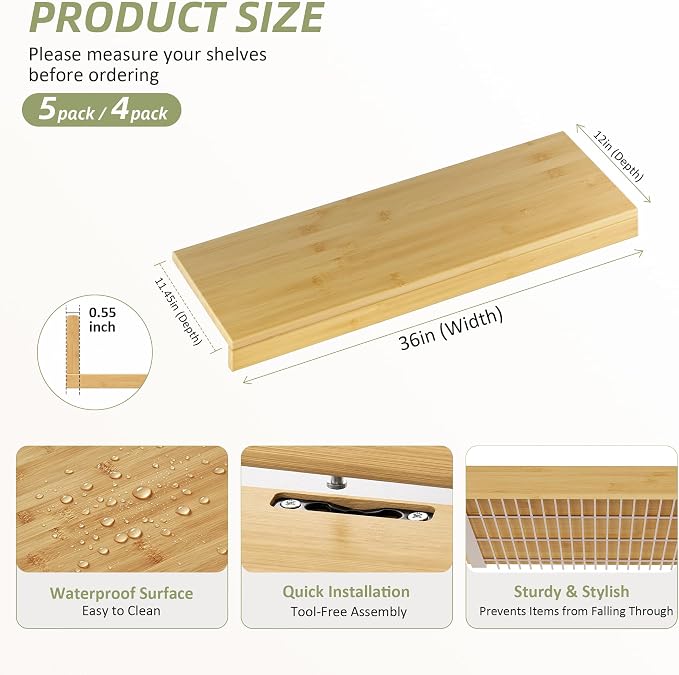 Wire Shelf Covers, Bamboo Wire Rack Covers for Pantry, Closet，Kitchen (5pcs, 36" W x 12" D, Natural) - Image 2