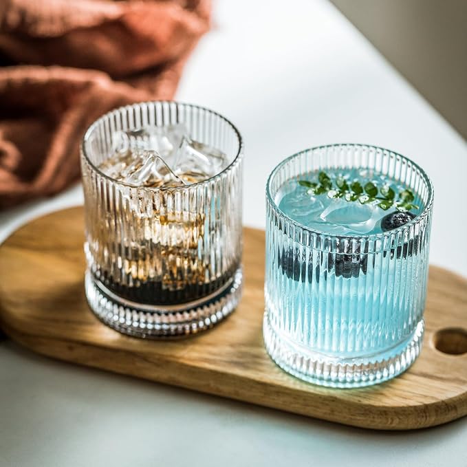 KEMORELA Ribbed Glassware Set of 8—4 Large Capacity Highball Glasses 16oz, 4 Rocks Glass Cups 13oz, Cocktail Glasses, Drinking Glasses Ideal for Beer, Juice, Ice Coffee Cup, Whiskey, Mixed Drinkware - Image 6