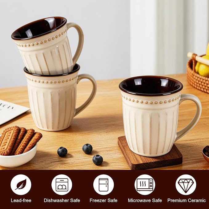 12oz French Perle Groove Ceramic Mugs Set of 4, Off White Pearl Texture, Dishwasher Microwave Oven Safe, for Latte, Cappuccino, Tea, Espresso & Hot Cocoa, Ideal Gift for Him, Her, Dad & Mom - Image 4