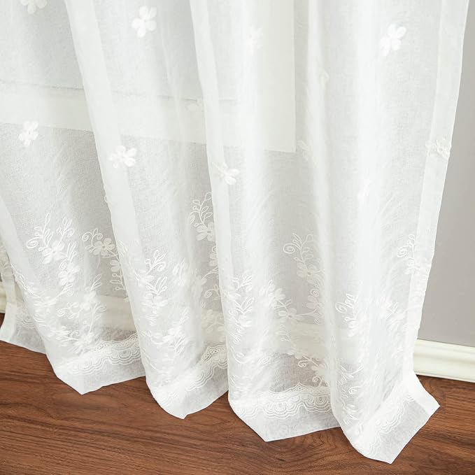 White Sheer Curtains Embroidered Design Rod Pocket Window Drapes for Living Room Dining Room Bedroom, 2 Panels (Gypsophila, 60x104) - Image 6