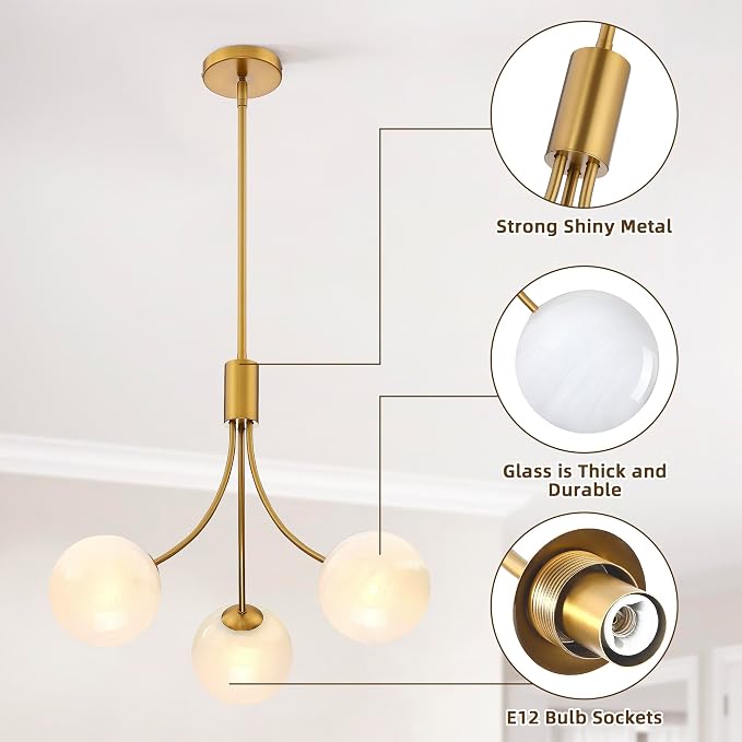 Bubble Chandelier, Modern Glass Gold Sputnik Chandelier 3-Light Ceiling Light Fixture Shades Stylish Bright Lighting for Dining Room Kitchen Bedroom Living Room Foyer Home Decor - Image 8