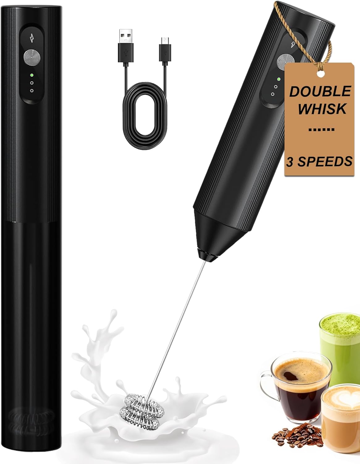 Rechargeable 3-Speed Milk Frother Wand (Black)