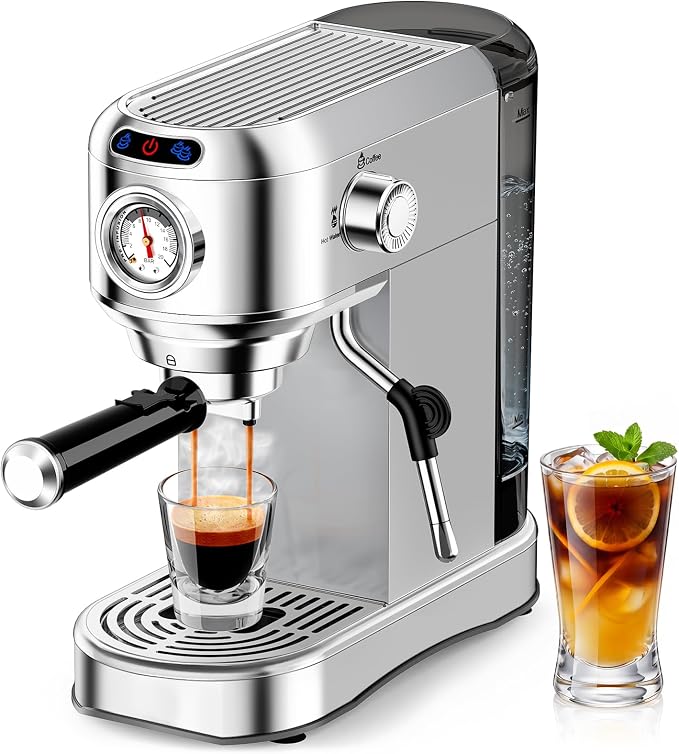 Espresso Machine 20 Bar, Compact Espresso Coffee Machine with Milk Frother, Stainless Steel Coffee Maker with 34oz Removable Water Tank, Cappuccino Machine for Home, Office, Latte (Silver) by Aercana